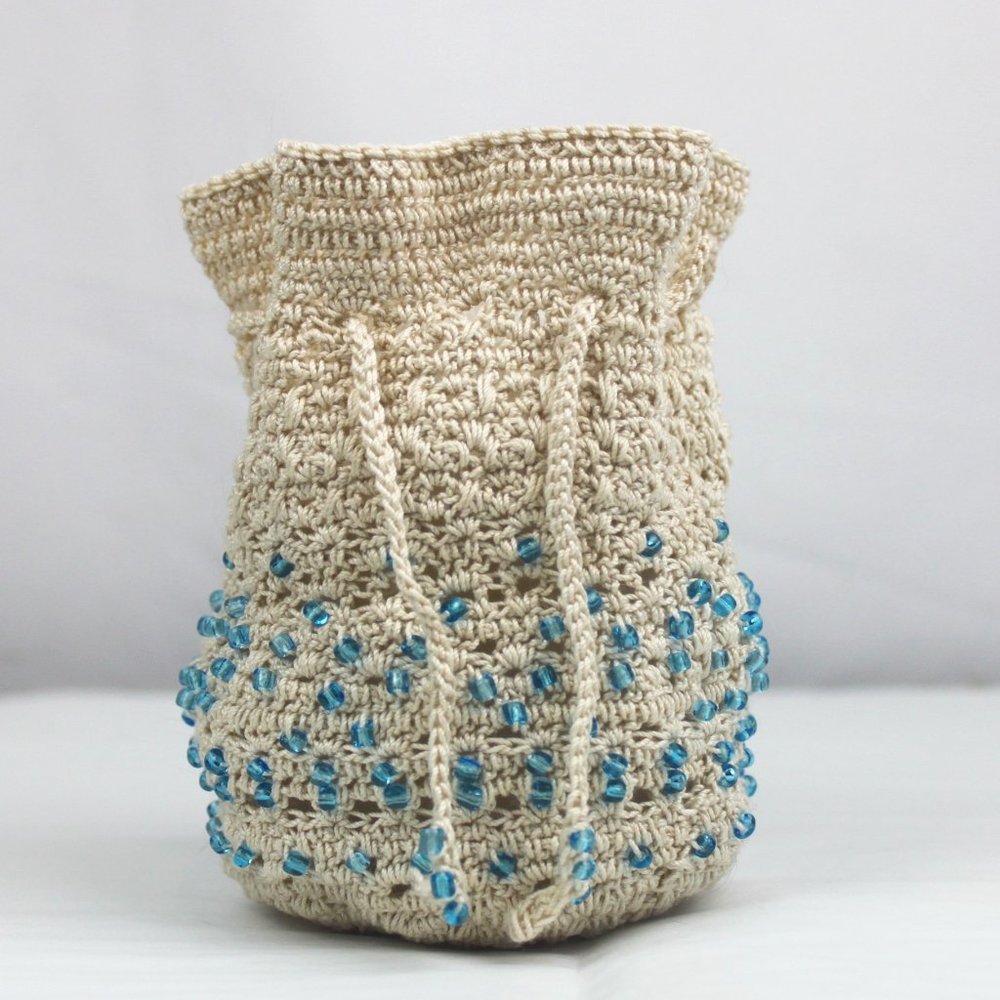 Blue Glass Beaded Cream Crochet Drawstring Pouch Bag - Picture 2 of 7